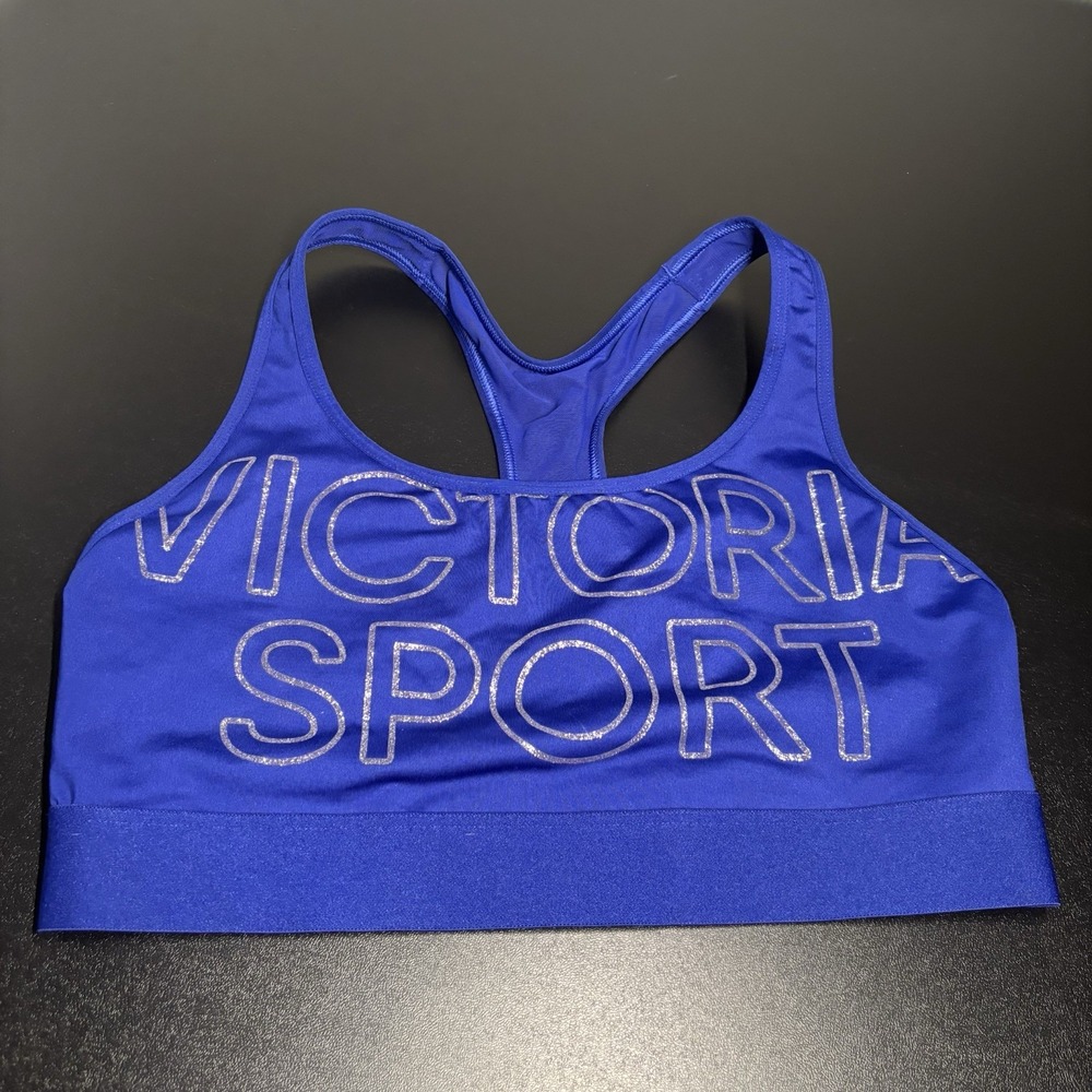Victoria's Secret Sport Womens Medium Blue Glitter Racerback Sports Bra Big Logo